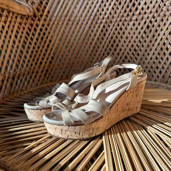 PRADA Gold Locks Platform Cork Wedge Sandals - Picture 1 of 7